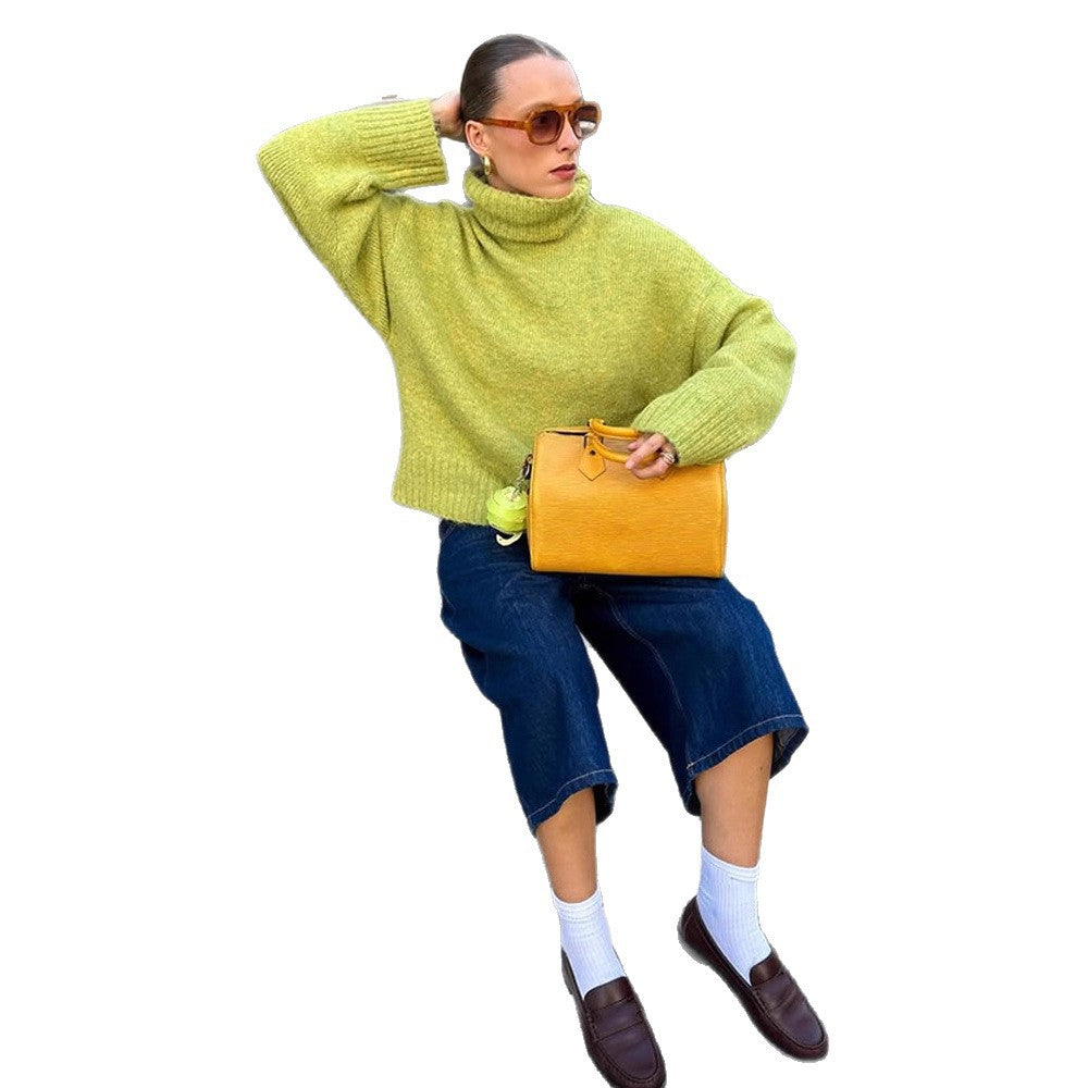Damen gemütlicher Strickpullover mit hohem Kragen und überschnittenen Schultern R&B