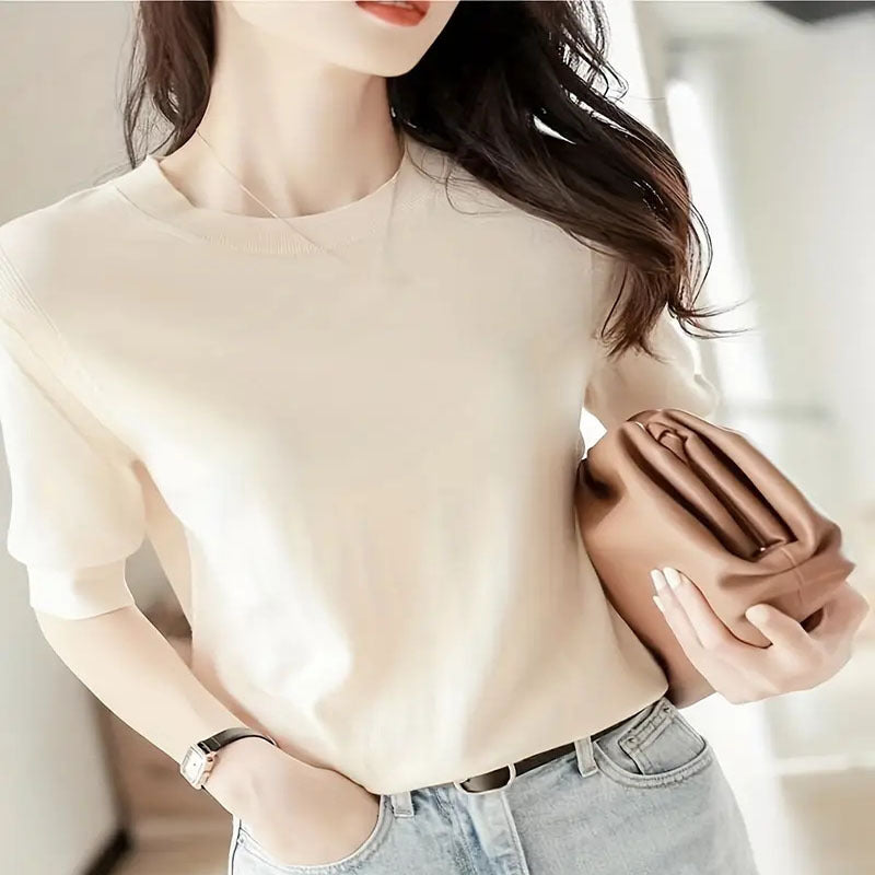 Damen eleganter Kurzarmpullover mit feiner Maschenstruktur und lässigem Schnitt R&B