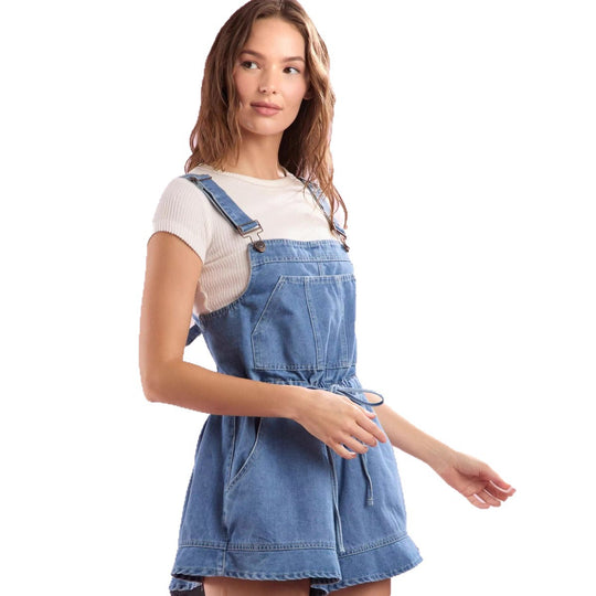 Damen Jeans-Latzkleid mit verstellbaren Trägern und praktischem Kordelzug R&B