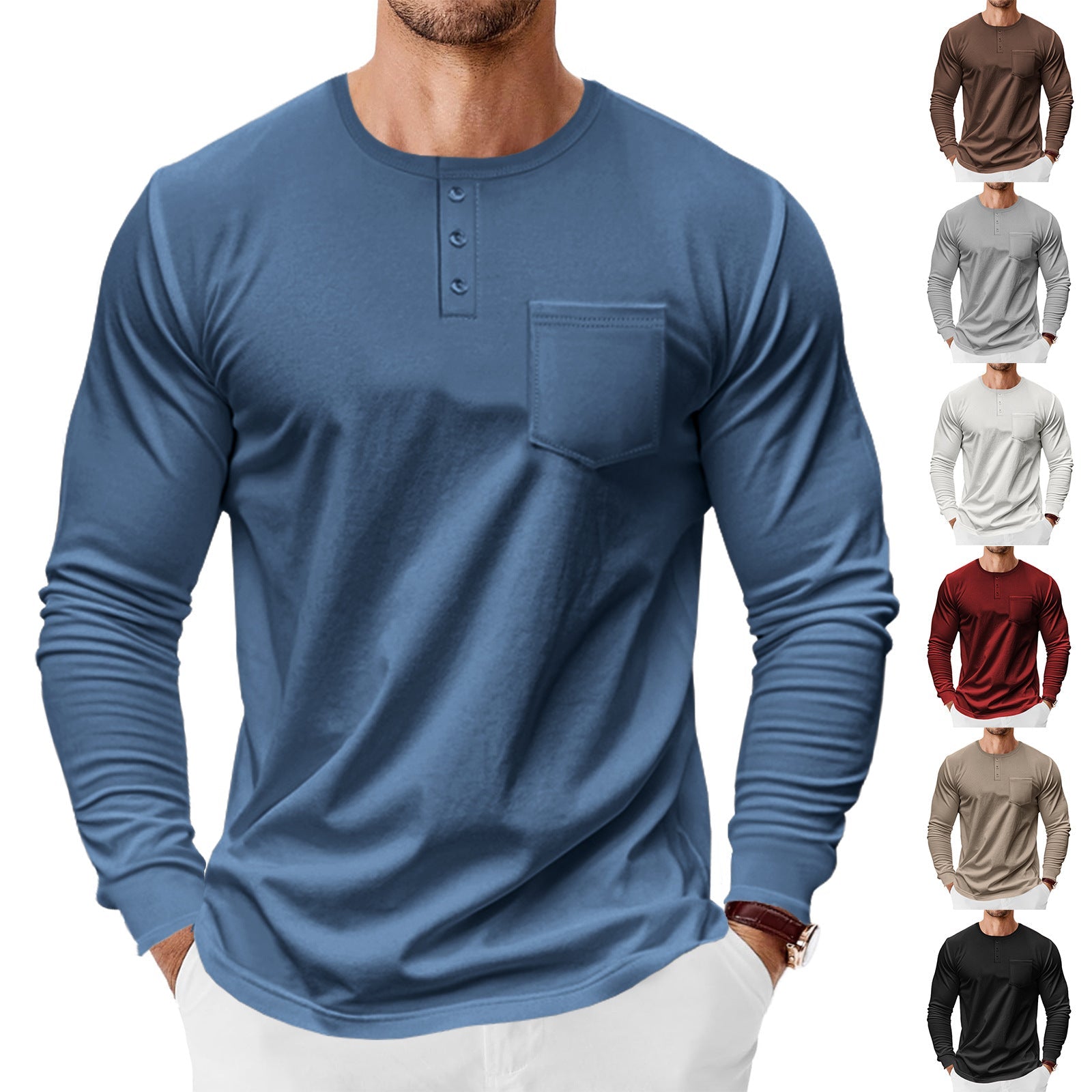 Herren Langarm-Henley-Shirt mit praktischer Brusttasche R&B