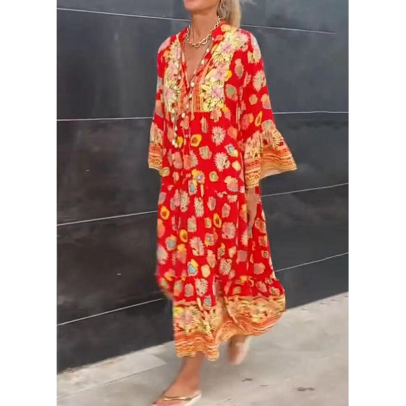 Damen Tunika-Kleid mit fließenden Ärmeln und bunten Mustern Heidi-Mode