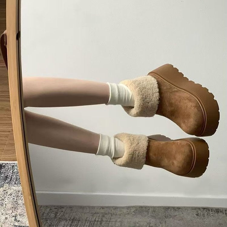 Damen Flauschige Plateau-Stiefel mit weichem Kunstfellkragen R&B