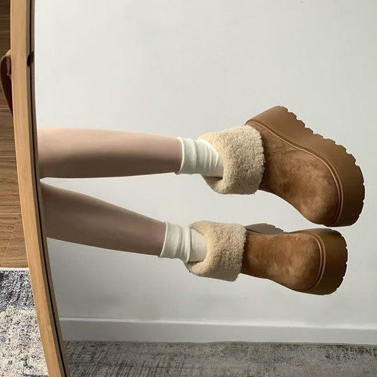 Damen Flauschige Plateau-Stiefel mit weichem Kunstfellkragen R&B