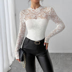Damen Spitzenshirt mit elegantem hohem Kragen und langem Arm R&B