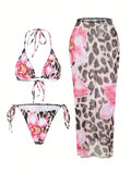 Damen Triangel-Bikini-Set mit floralen Mustern und transparentem Maxirock R&B