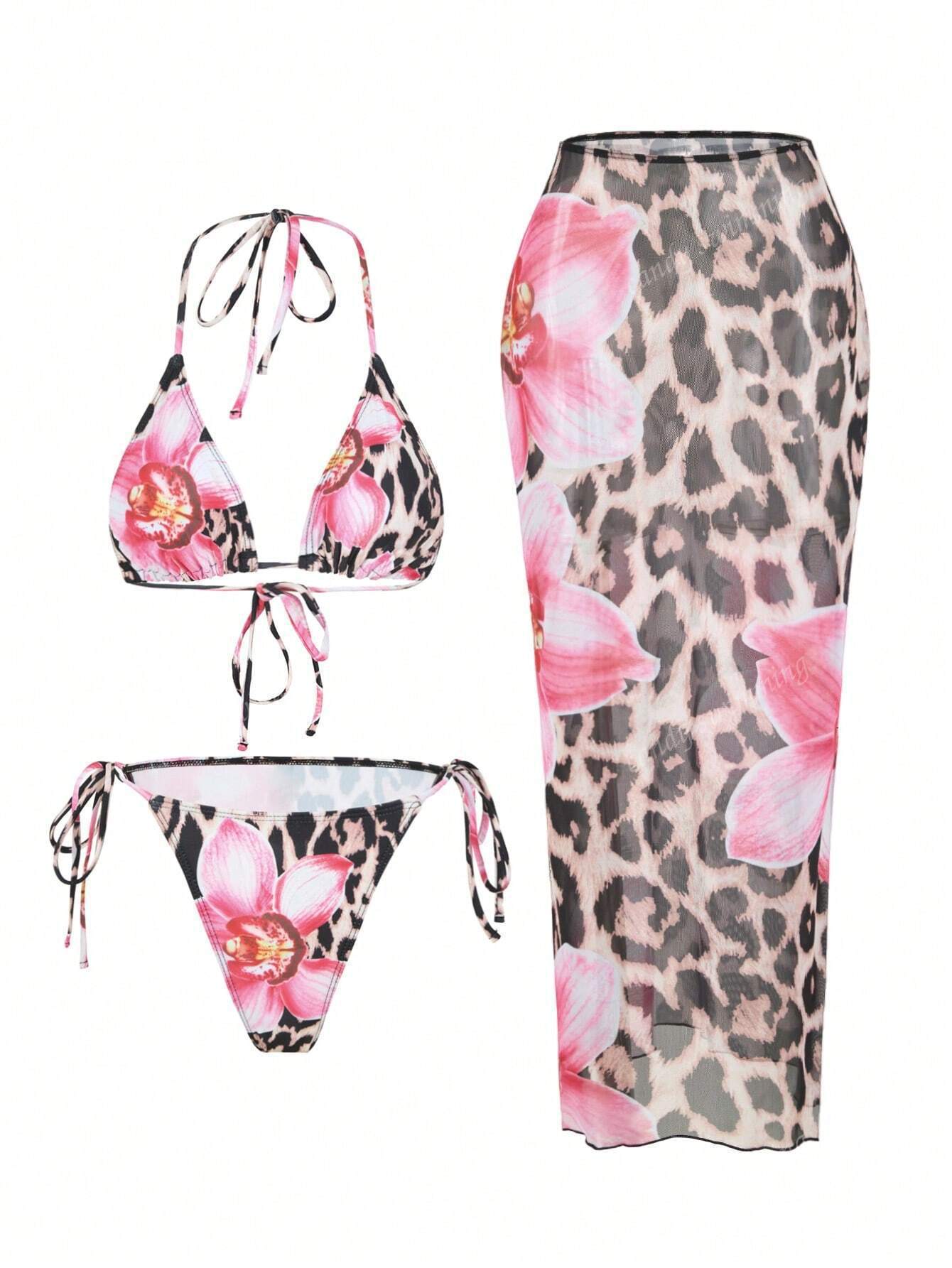 Damen Triangel-Bikini-Set mit floralen Mustern und transparentem Maxirock R&B