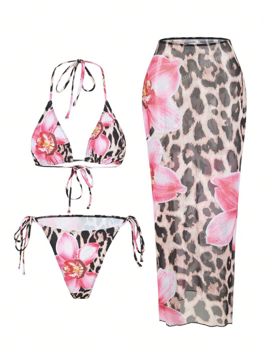 Damen Triangel-Bikini-Set mit floralen Mustern und transparentem Maxirock R&B