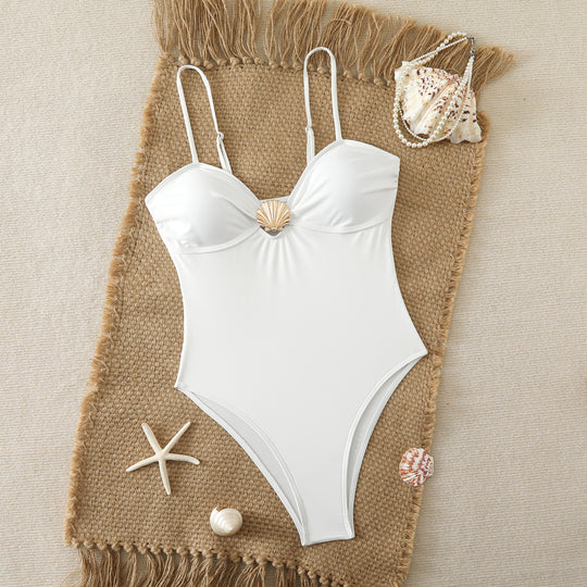 Damen Einteiler Badeanzug mit elegantem Muschel-Detail und verstellbaren Trägern R&B