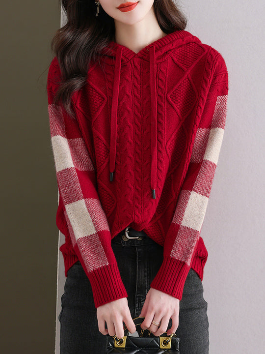 Damen Strickpullover mit Kapuze und modischem Karomuster R&B