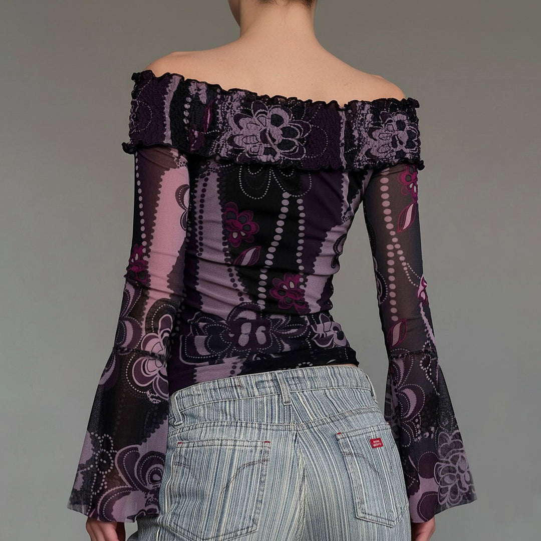 Damen Off-Shoulder Oberteil mit voluminösen Ärmeln und floralem Muster R&B