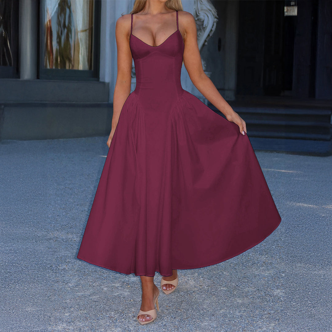 Damen A-linien Abendkleid mit verstellbaren Spaghettiträgern und schwingendem Rock R&B