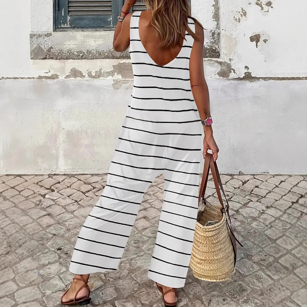 Damen lässiger Jumpsuit mit breiten Bein und klassischem Streifenmuster R&B