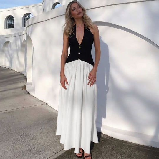 Damen Elegantes Maxikleid mit tiefem V-Ausschnitt und Knopfleiste R&B