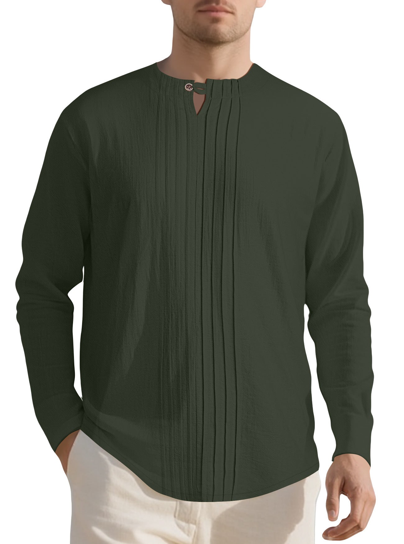 Herren Langarmshirt mit modischem Henley-Ausschnitt und Faltenstruktur R&B