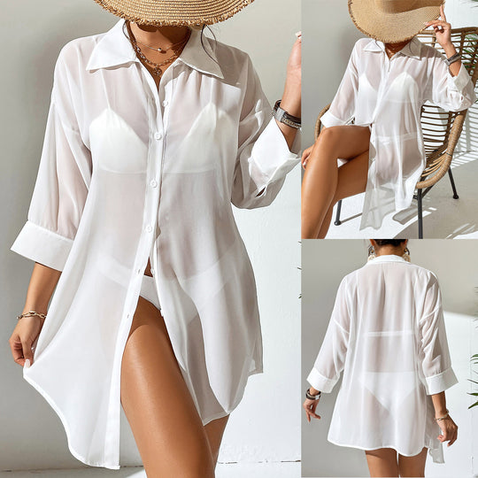 Damen lässige Strandbluse aus transparentem Stoff mit Knopfverschluss R&B