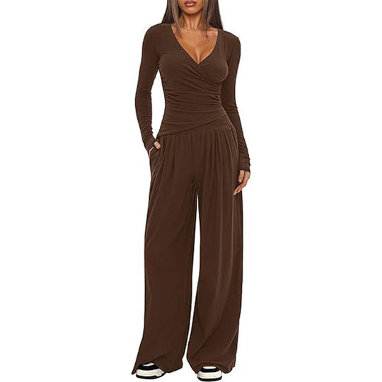 Damen Eleganter Wickel-Jumpsuit mit weitem Bein und modischen Details R&B