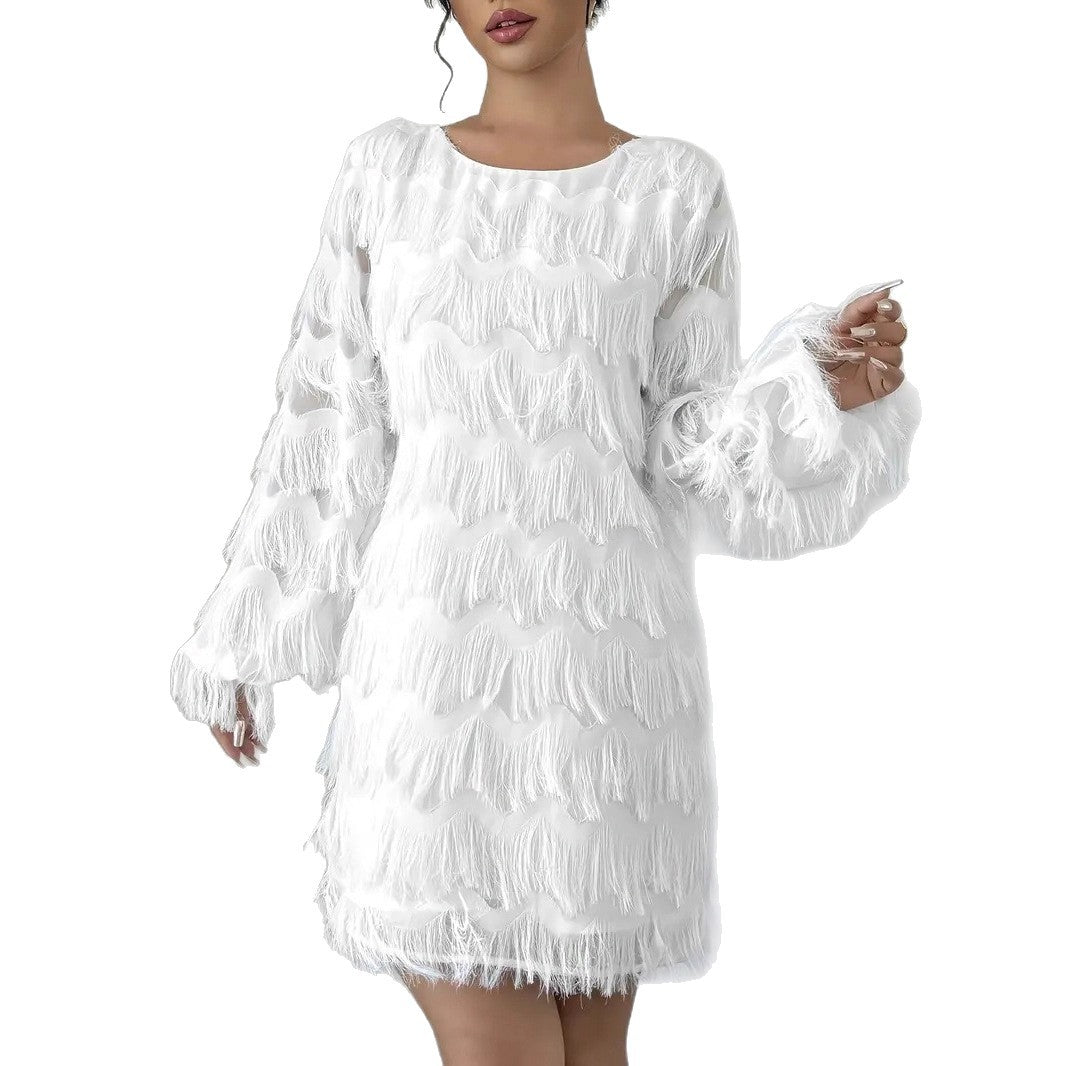 Damen Kleid mit Wellenmuster und voluminösen Fransen R&B