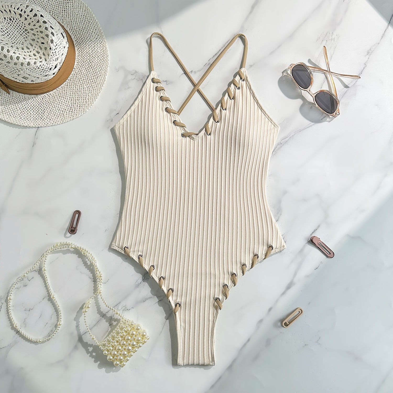 Damen Eleganter Strick-Badeanzug mit Schnürdetails R&B