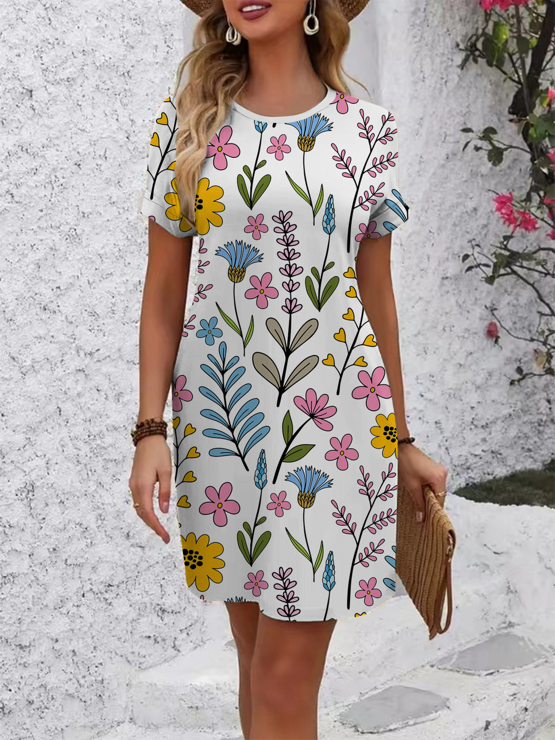 Damen lässiges T-Shirt Kleid mit buntem Blumenmuster und bequemem Schnitt R&B
