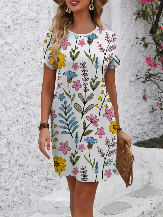 Damen lässiges T-Shirt Kleid mit buntem Blumenmuster und bequemem Schnitt R&B
