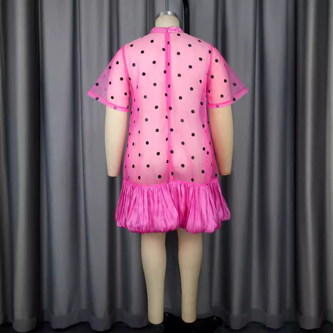 Damen durchsichtiger Polka-Dot Mini-Kleid mit Rüschensaum R&B