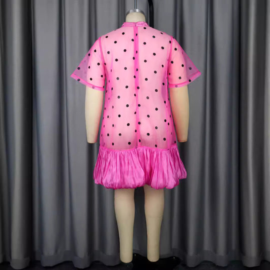 Damen durchsichtiger Polka-Dot Mini-Kleid mit Rüschensaum R&B