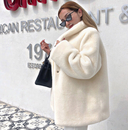 Damen kuschelige Oversized-Jacke aus Plüsch mit breitem Kragen R&B