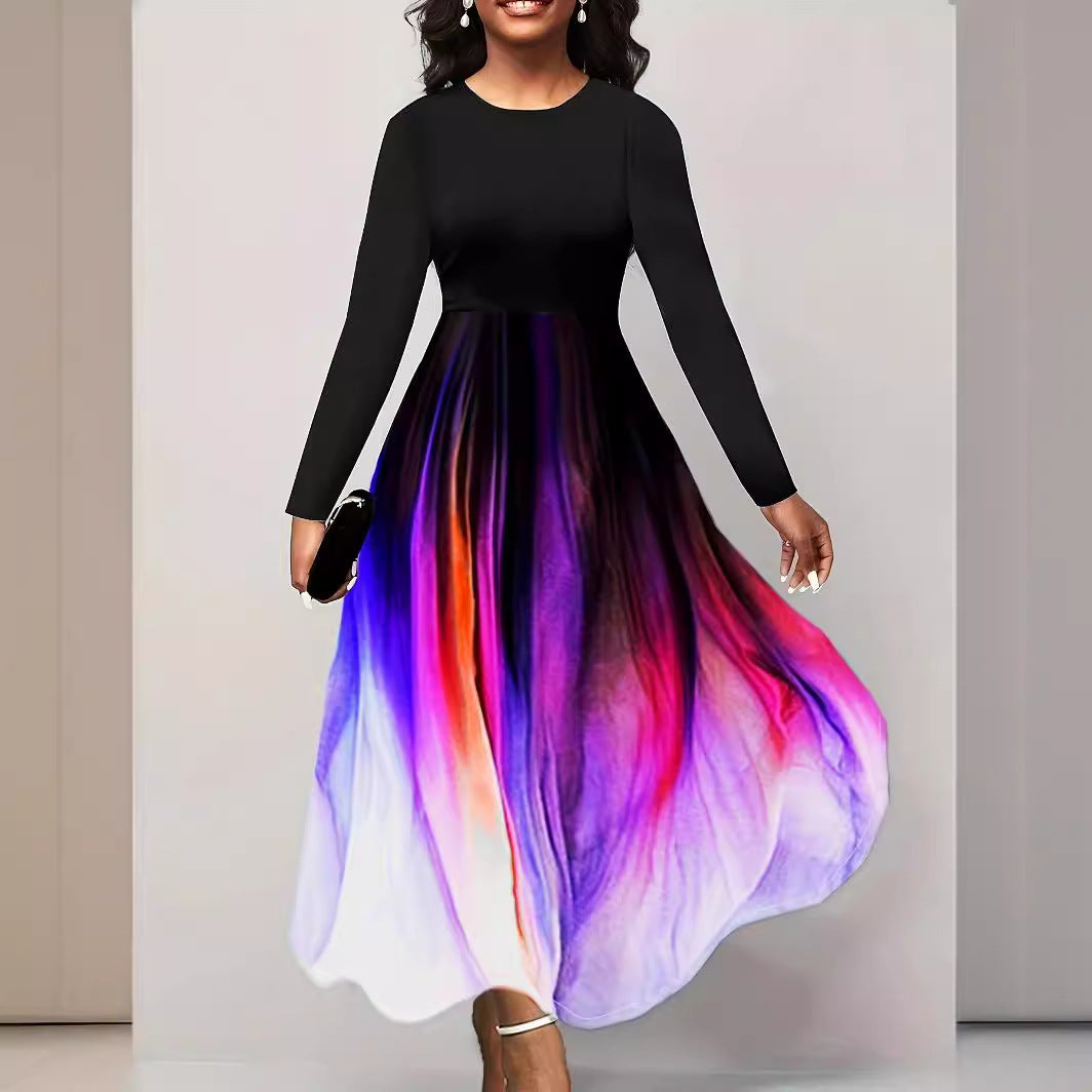 Damen Elegantes Maxikleid mit kreativer Farbverlauf-Optik und langen Ärmeln R&B