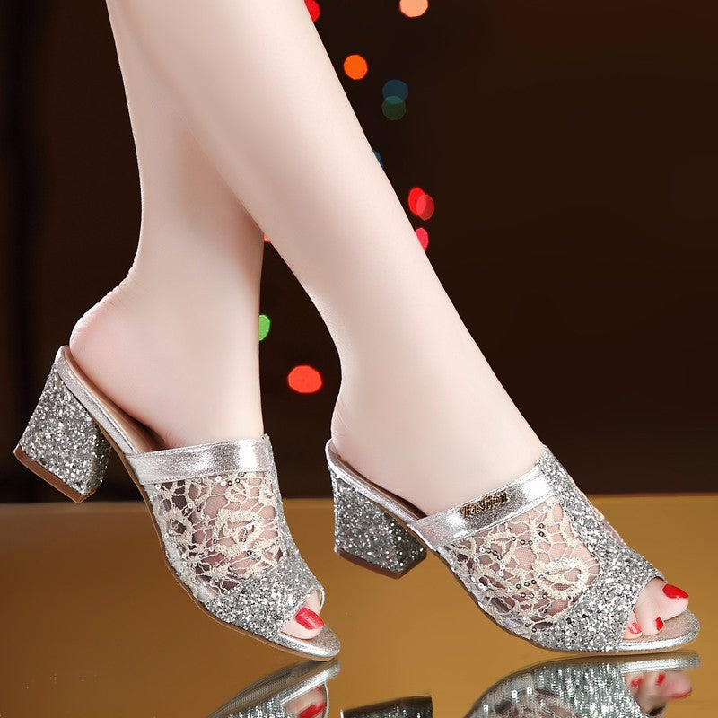 Damen nan elegante offene Pantolette mit feinem Netz, funkelnden Applikationen und mittelhohem Blockabsatz R&B