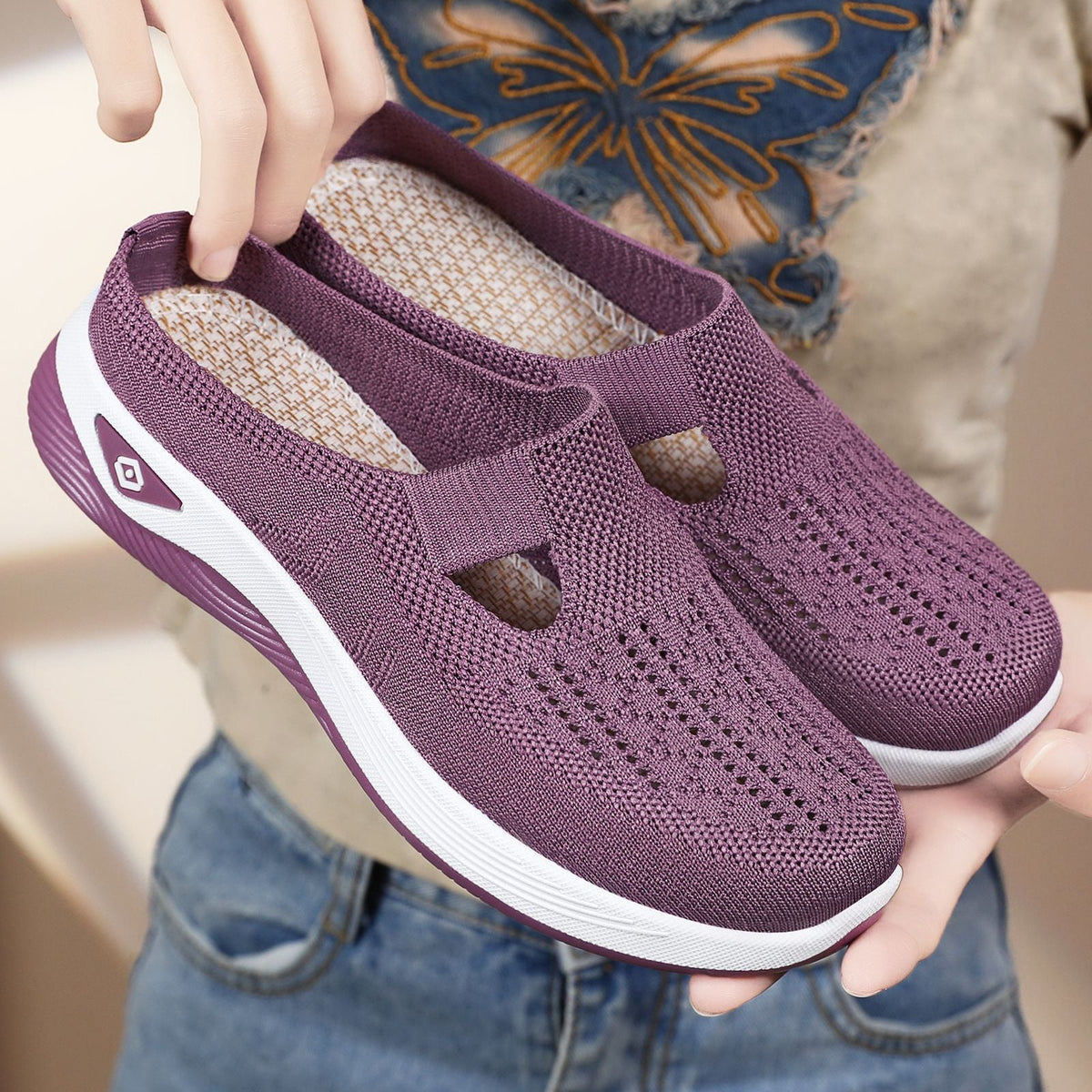 Damen nan atmungsaktive Strick-Slipper Clog mit seitlicher Cut-Out-Öffnung, dämpfender EVA- und PU-Zwischensohle R&B