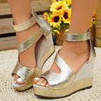 Damen Wedge-Sandaletten mit buntem Marmormuster und verstellbarem Riemen R&B