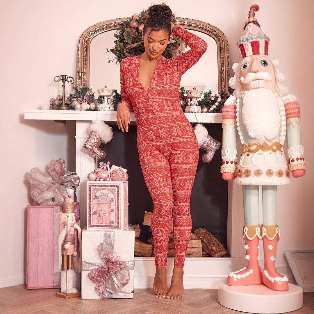 Damen Gemütlicher Jumpsuit mit Weihnachtsmotiv und langer Arm R&B