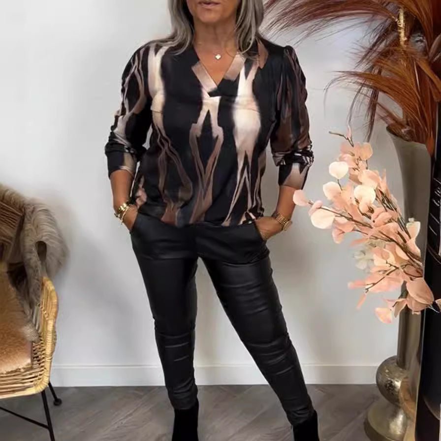 Damen nan stylisches Casual-Set aus V-Ausschnitt-Printshirt und Lederoptik-Leggings R&B