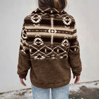 Damen Fleece-Pullover mit modernem Aztekenmuster und Stehkragen R&B