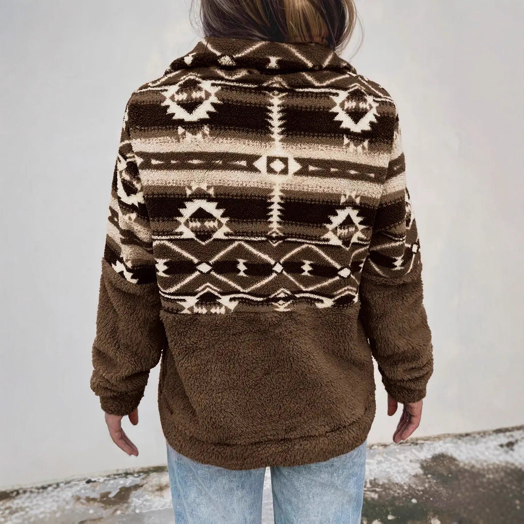 Damen Fleece-Pullover mit modernem Aztekenmuster und Stehkragen R&B