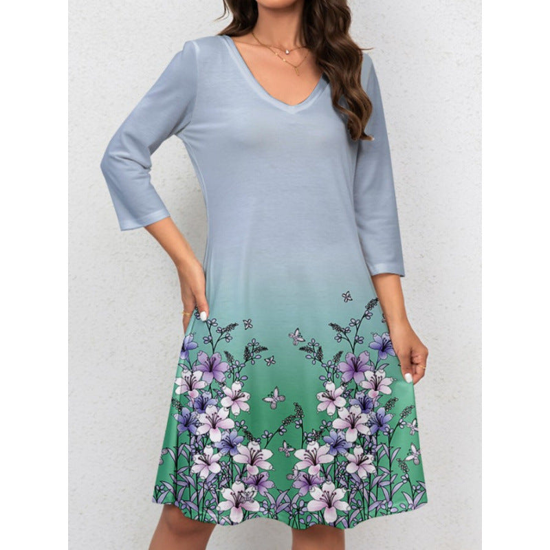 Damen V-Ausschnitt Sommerkleid mit floralem Aquarell-Design und ¾-Ärmeln R&B