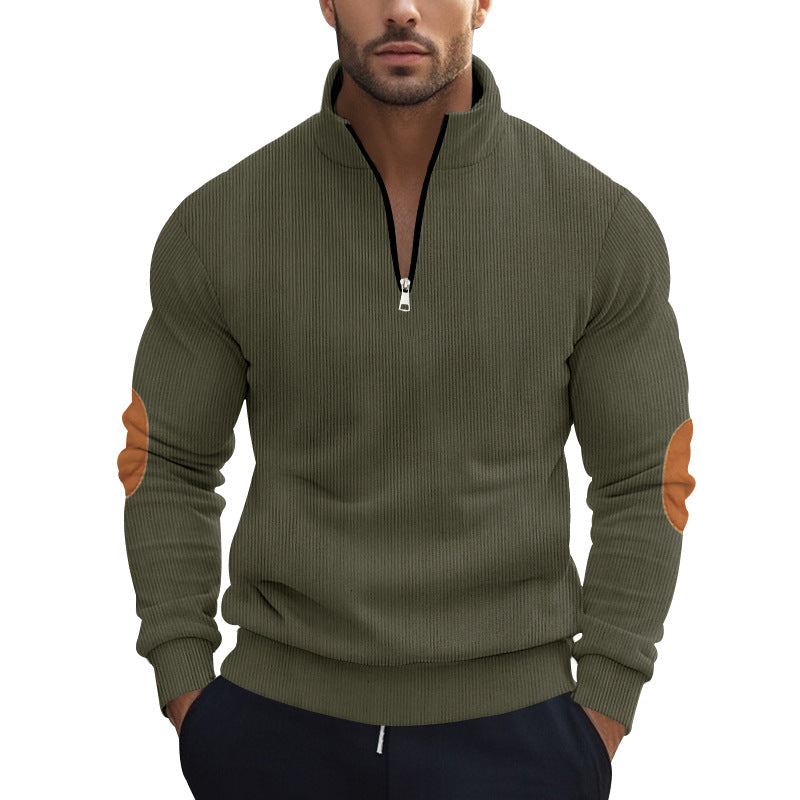 Herren nan strukturierter Baumwoll-Strickpullover mit halbem Reißverschluss und Ellenbogenbesatz R&B