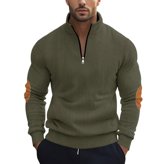 Herren nan strukturierter Baumwoll-Strickpullover mit halbem Reißverschluss und Ellenbogenbesatz R&B