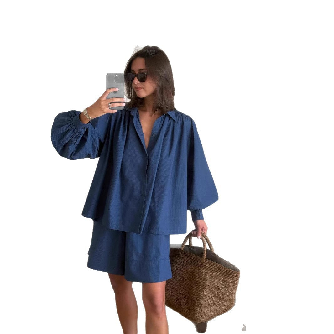 Damen lässiges Kombi-Outfit mit lockerer Bluse und Shorts R&B