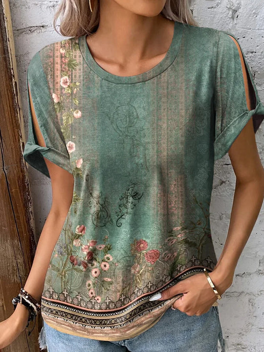 Damen T-Shirt mit floralem Muster und cut-out Ärmeln R&B