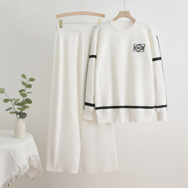Damen modisches Freizeit-Loungewear-Set mit breiten Beinen und dezentem Logo R&B
