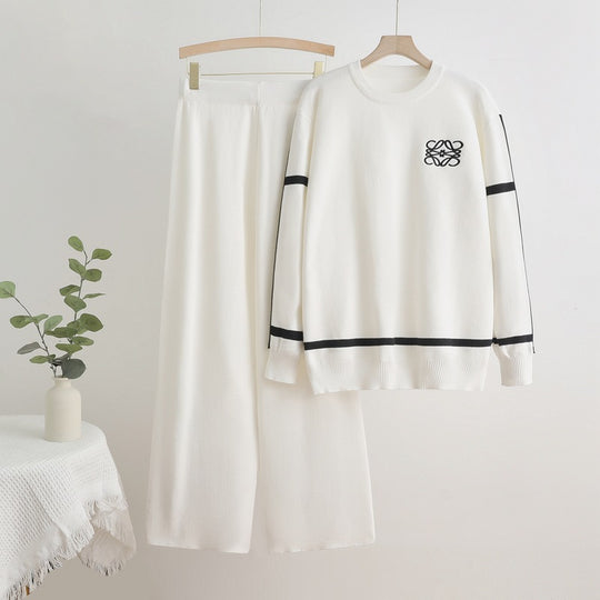 Damen modisches Freizeit-Loungewear-Set mit breiten Beinen und dezentem Logo R&B