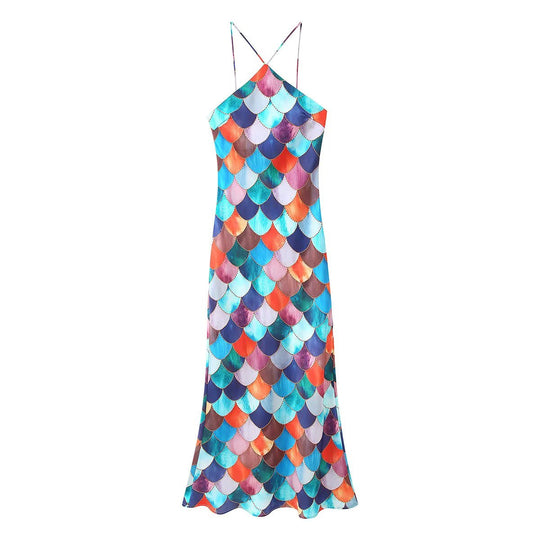 Damen Maxikleid aus fließendem Chiffon mit maritimem Schuppenmuster R&B
