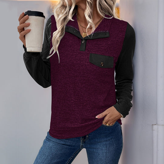 Damen modischer Langarm-Pullover mit praktischer Brusttasche und Knopfleiste R&B