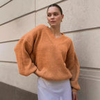 Damen lässiger Pullover mit V-Ausschnitt und voluminösen Ärmeln R&B