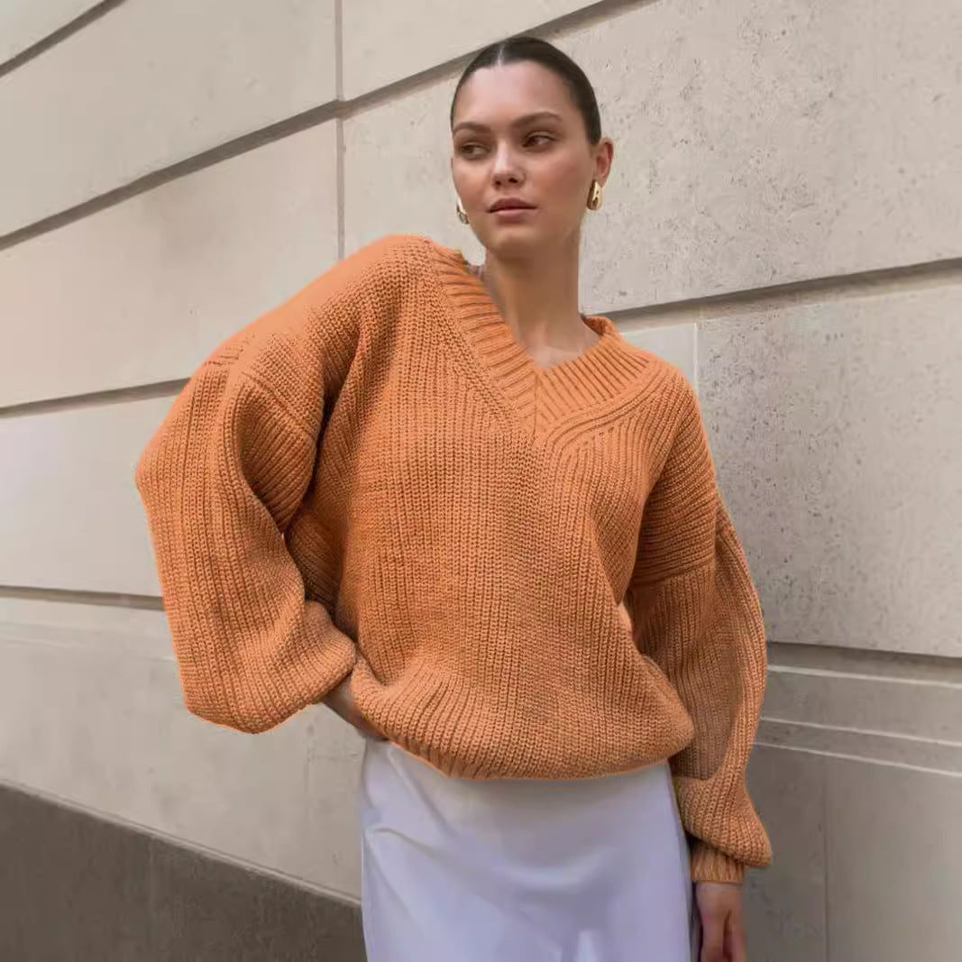 Damen lässiger Pullover mit V-Ausschnitt und voluminösen Ärmeln R&B