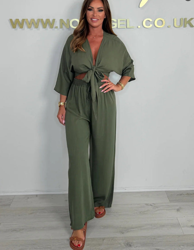 Damen Eleganter Jumpsuit mit verspieltem Knoten und weit geschnittenen Beinen R&B