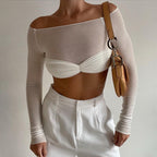 Damen Trendiges Cropped Oberteil mit Raffungen und Off-Shoulder Schnitt R&B