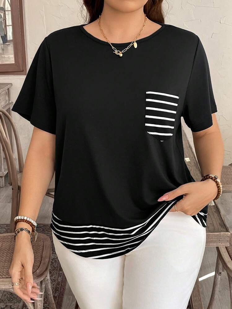 Damen Legeres T-Shirt mit gestreiftem Saum und Brusttasche R&B