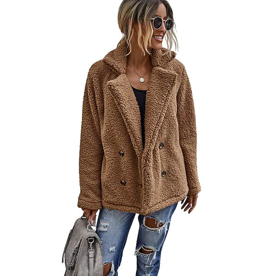 Damen Flauschiger Doppelreiher Blazer aus Kunstfell R&B